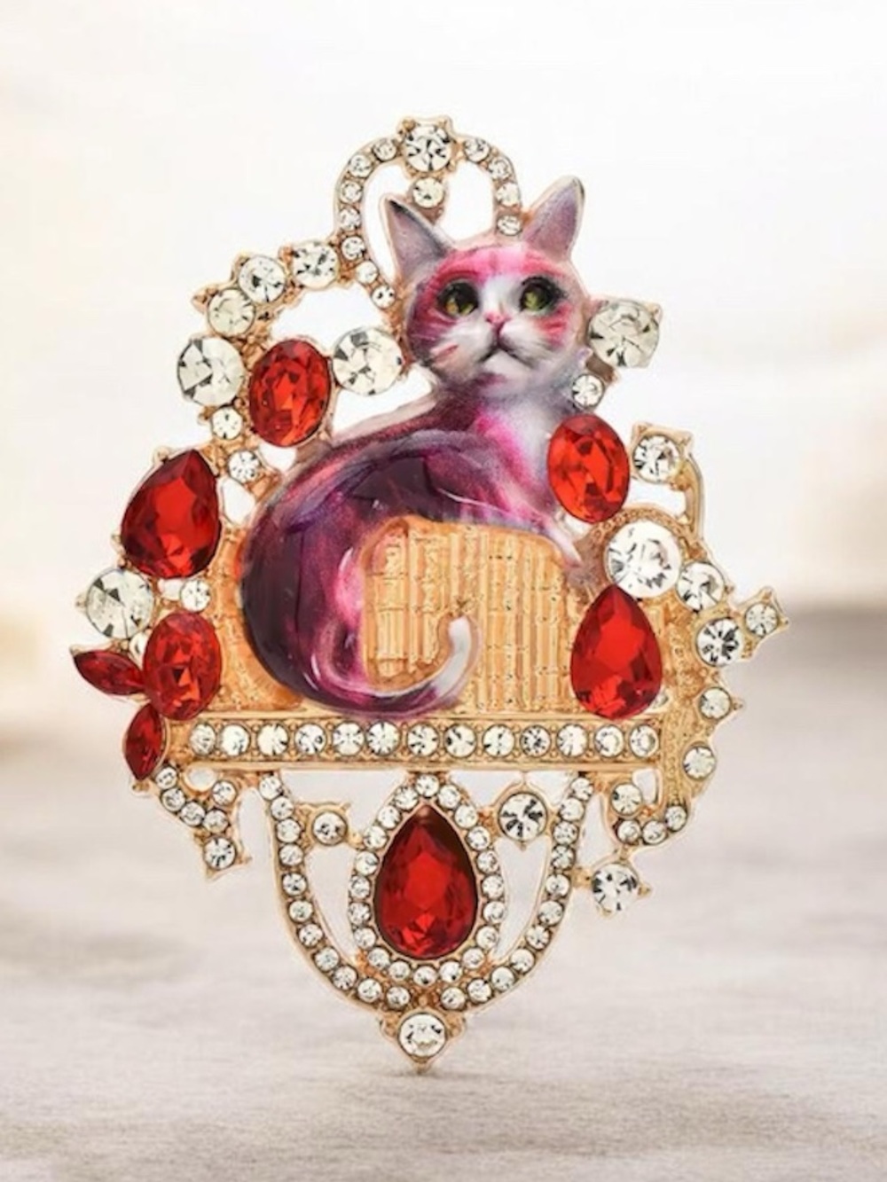 Vintage-Inspired Pink Cat Brooch with Red Crystal Accents